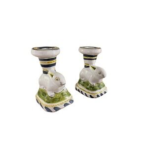 Vintage Handpainted Portugal Rabbit Candleholders Set‎ of 2